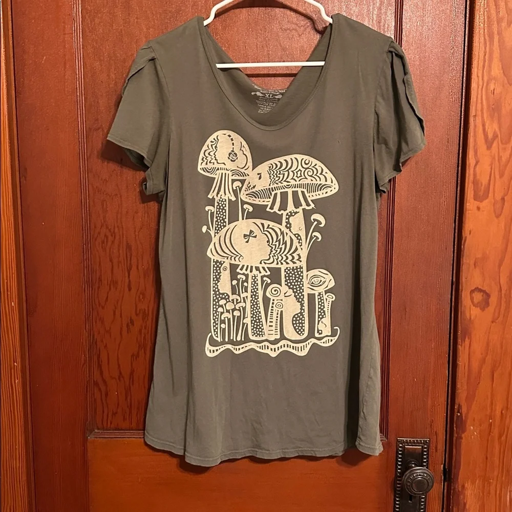 BLUE PLATYPUS Green T-Shirt with Mushrooms XL - Picture 2 of 4